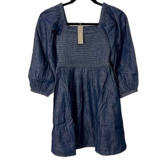 J.Crew Smocked puff-sleeve dress in chambray women’s size XXS - Picture 2 of 7